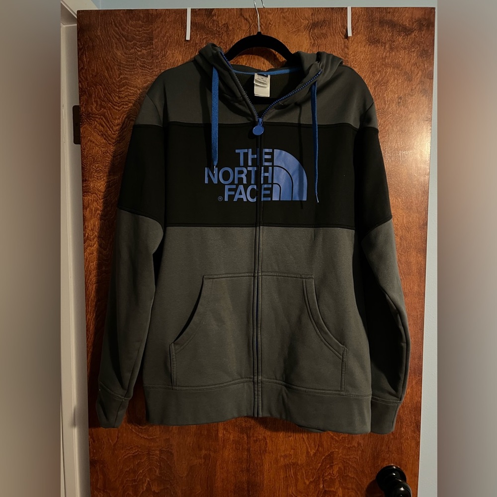 The North‎ Face Gray, Black and Blue Zip-Up Hoodie